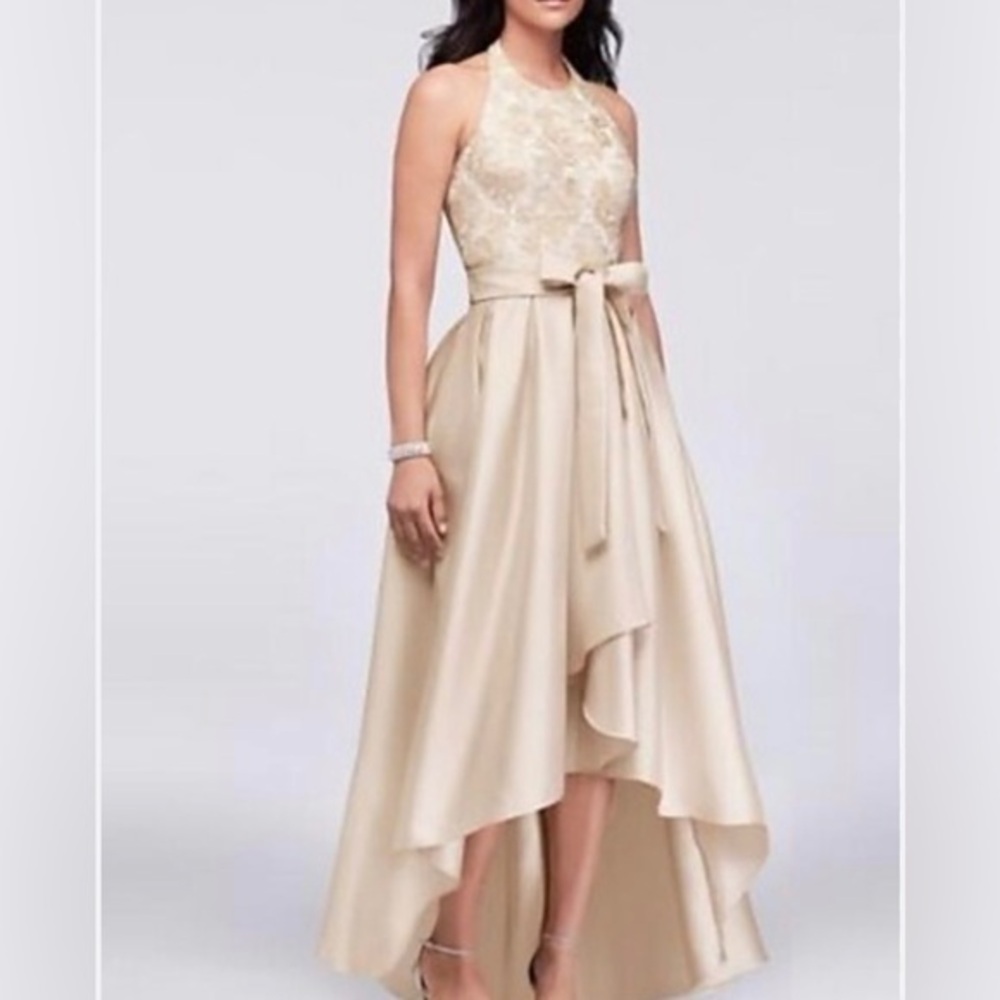 Champagne/Rose Gold Sequin Lace Dress High-Low Hem Gown Bow detail Sz 12
